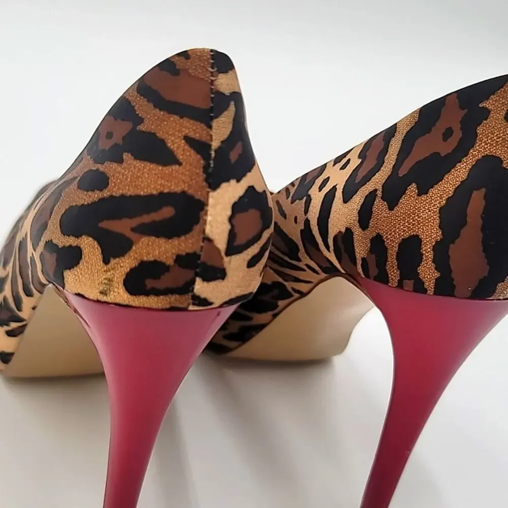 GUESS sz8.5 Patches Leopard Cheetah red Patent platform stiletto peep to…